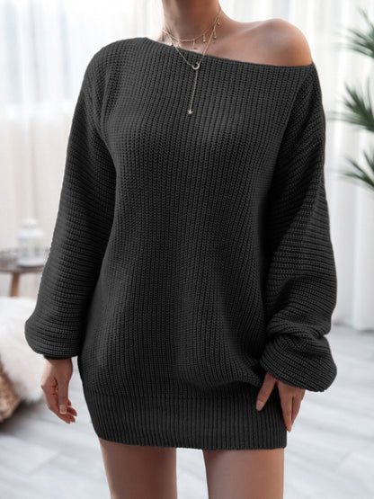 Women's straight neck loose knit wool dress