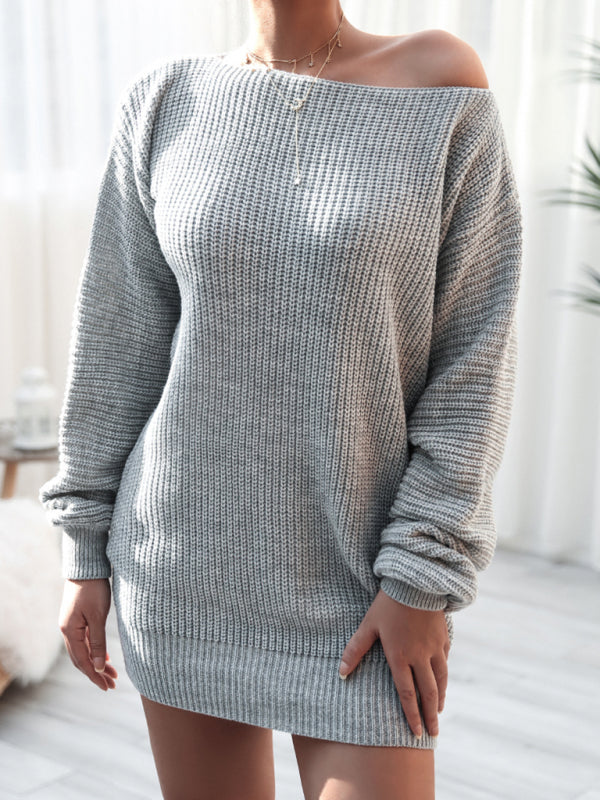 Women's straight neck loose knit wool dress