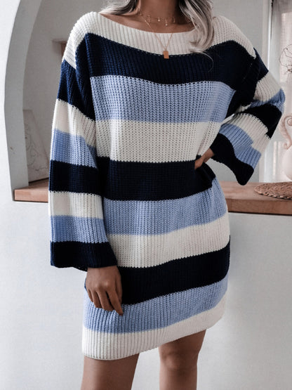 Women's straight neck off shoulder striped knitted wool dress