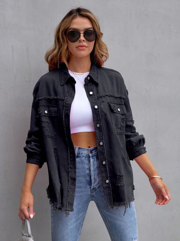 Raw edge ripped denim jacket Temperament casual trendy jacket