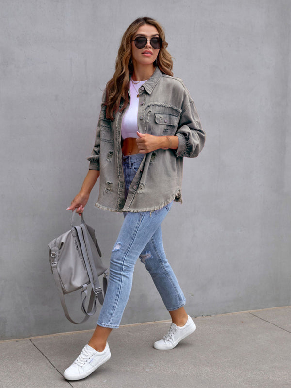 Raw edge ripped denim jacket Temperament casual trendy jacket