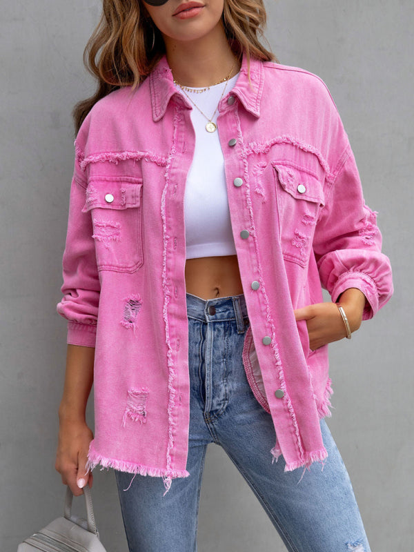 Raw edge ripped denim jacket Temperament casual trendy jacket