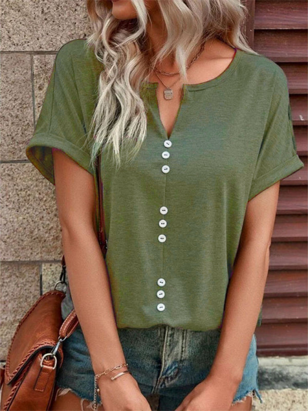 Women's Knitted Casual V-Neck Button Short Sleeve Top