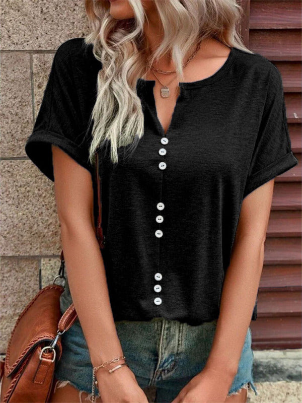 Women's Knitted Casual V-Neck Button Short Sleeve Top