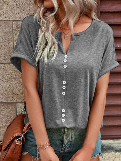 Women's Knitted Casual V-Neck Button Short Sleeve Top