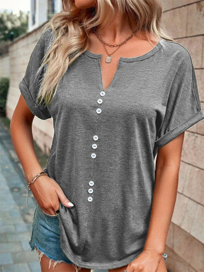 Women's Knitted Casual V-Neck Button Short Sleeve Top