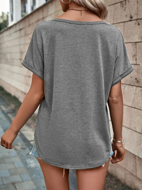 Women's Knitted Casual V-Neck Button Short Sleeve Top