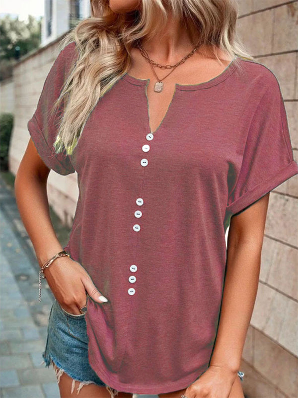 Women's Knitted Casual V-Neck Button Short Sleeve Top