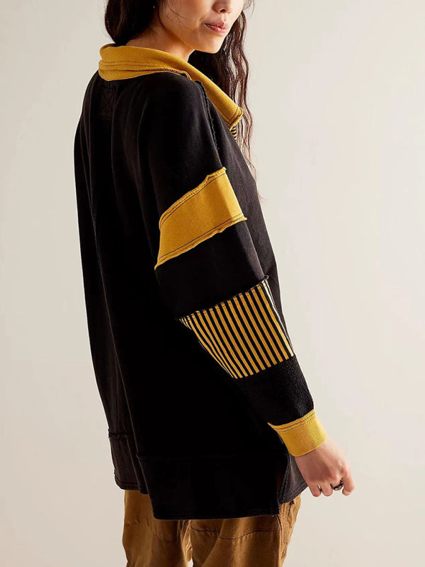 loose V-neck long-sleeved patchwork sweatshirt