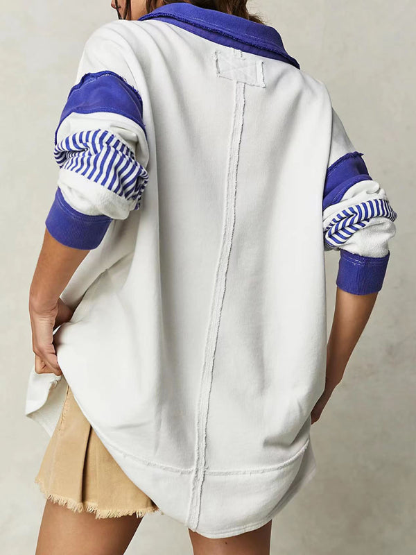loose V-neck long-sleeved patchwork sweatshirt